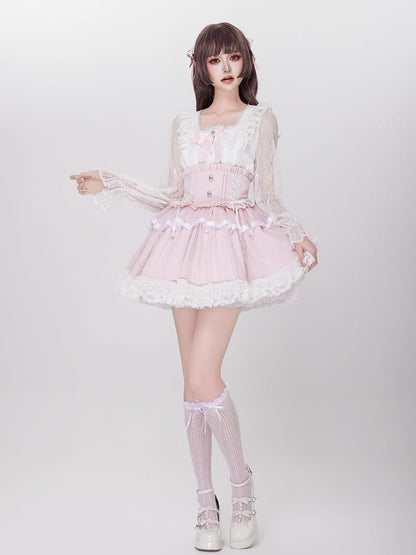 Allover Beads Pink High Waist Jirai Kei Skirt with Lace Up and Shirring Waist