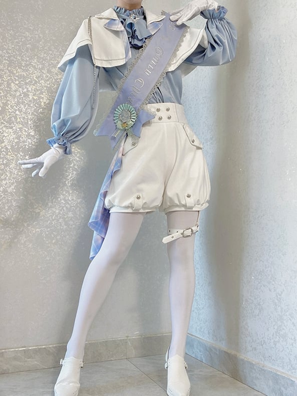 Blue and White Prince Ouji Lolita Outfit - Blue Shirt + White Cape + White High Waist Shorts