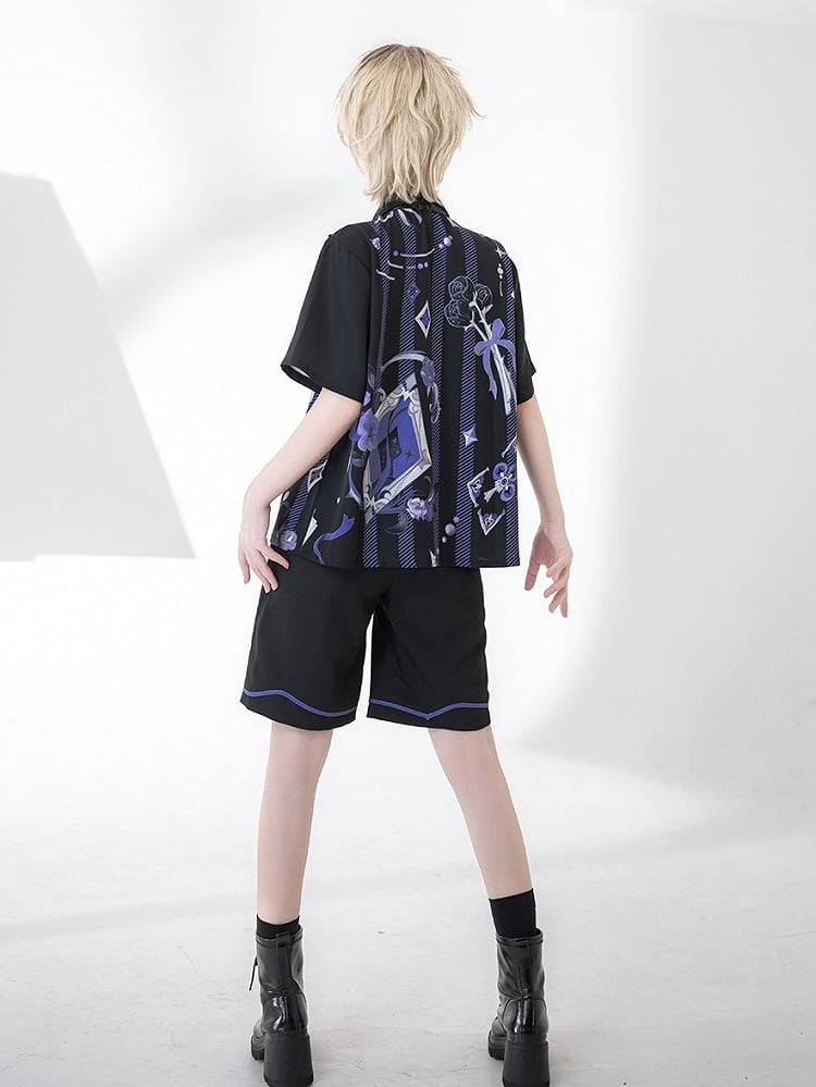 Ouji Fashion Poker and Rose Print Summer Magician Shirt with Bowtie