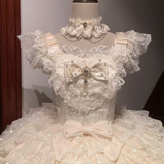 Apricot Butterfly Fabric Bodice Hanayome Tiered Skirt Lolita Hime Dress