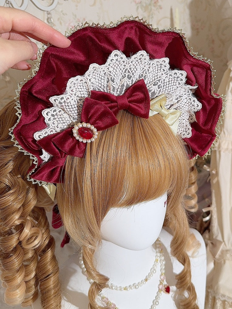 Matte Wine Red/Black Velvet Lace Trim Bonnet + 4 Bowknot Brooches