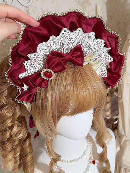 Matte Wine Red/Black Velvet Lace Trim Bonnet + 4 Bowknot Brooches