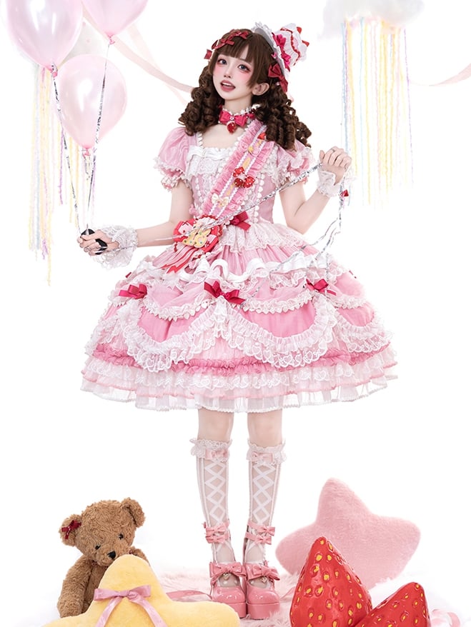 Clearance-Size XXL for Bust 100CM Pink Strawberry Cake Short Puff Sleeves Sweet Lolita Birthday Dress