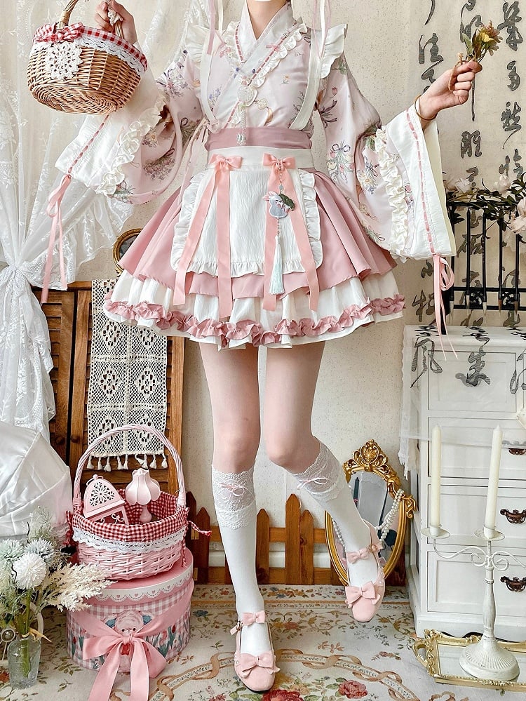 Sakura Pink Herbal Medicine Crossover Neckline Top + Skirt Han Lolita Set Cherry Blossom Festival Outfit
