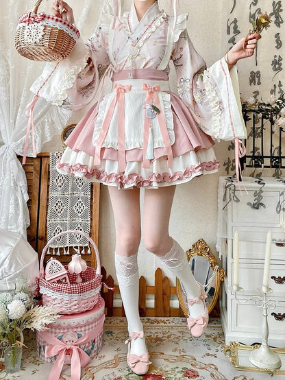 Sakura Pink Herbal Medicine Crossover Neckline Top + Skirt Han Lolita Set Cherry Blossom Festival Outfit