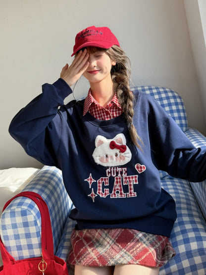 Kitty Embroidery Applique Navy Blue Sweatshirt with Detachable Red Plaid Collar