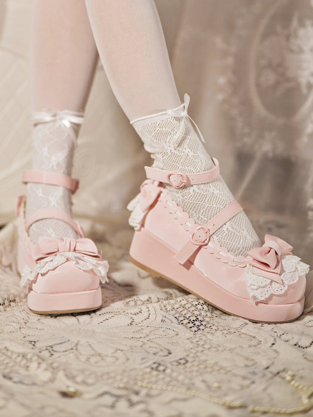 Baby Pink Bow at Top Lace Trim Heart Buckles Platforms