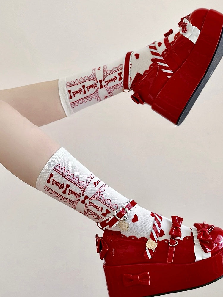Red Heart Print Lace and Bowknot Pattern Lolita White Calf Socks