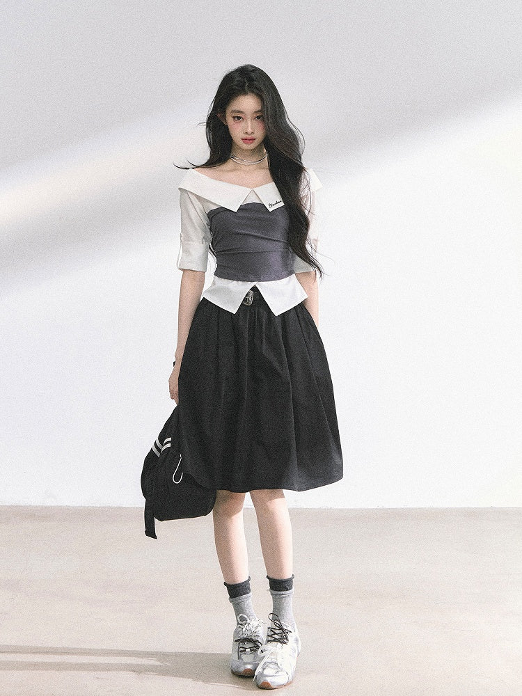 Off-the-shoulder Neckline Foldover Collar Gray/Navy Blue Striped Shirt