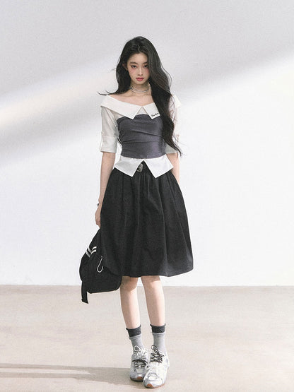 Off-the-shoulder Neckline Foldover Collar Gray/Navy Blue Striped Shirt