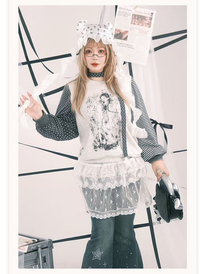 Plus Size Y2K White Sheer Overskirt with Floral & Star Embroidery