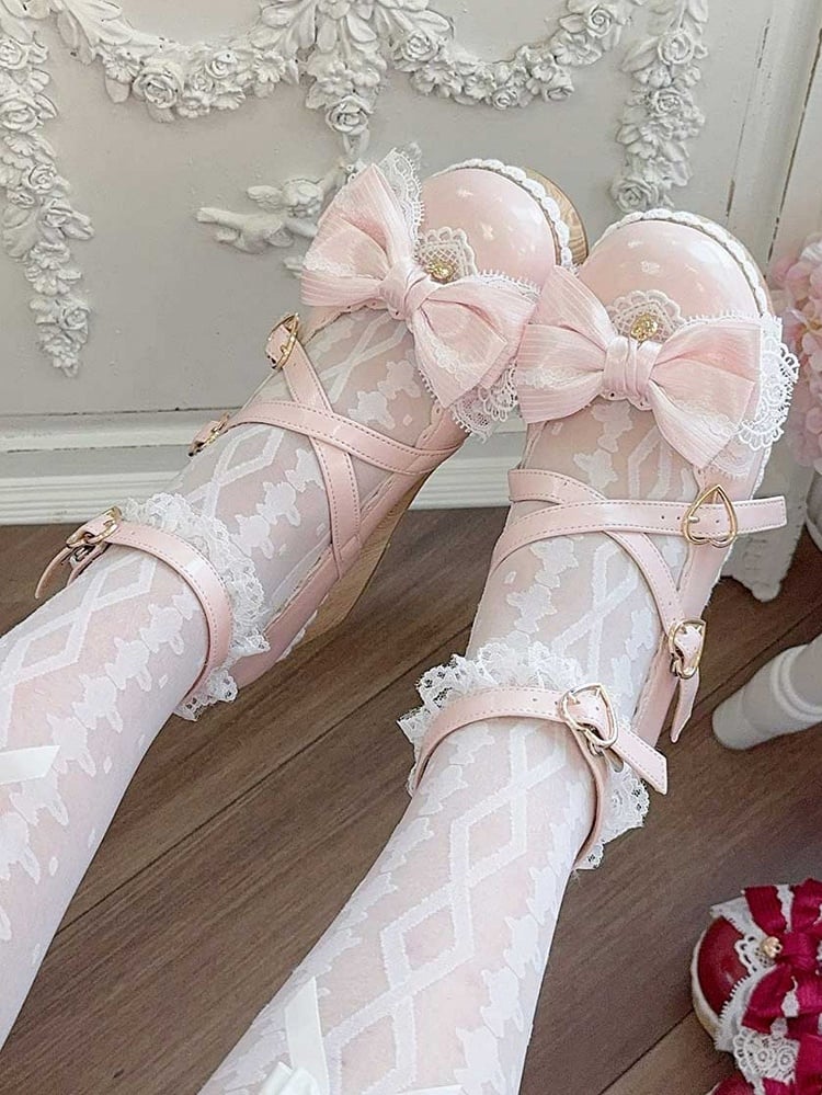 Pink Bow at Top Crisscross Design Heart Buckles Lace Trim Platforms