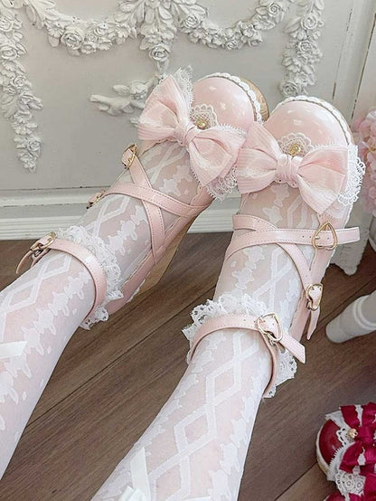 Pink Bow at Top Crisscross Design Heart Buckles Lace Trim Platforms