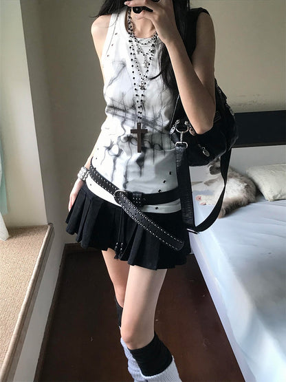White Subcultural Print Sleeveless Top with Metal Eyelet Deocr