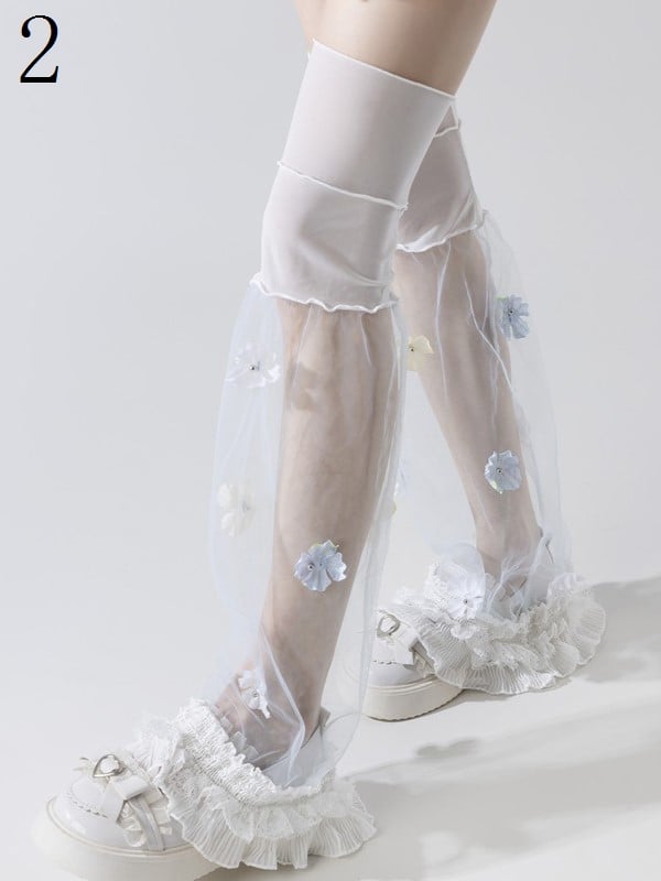 Black/White Semi-sheer Leg Sleeves With Red/Pink/Blue Flowers