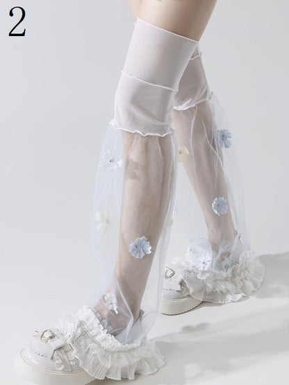 Black/White Semi-sheer Leg Sleeves With Red/Pink/Blue Flowers