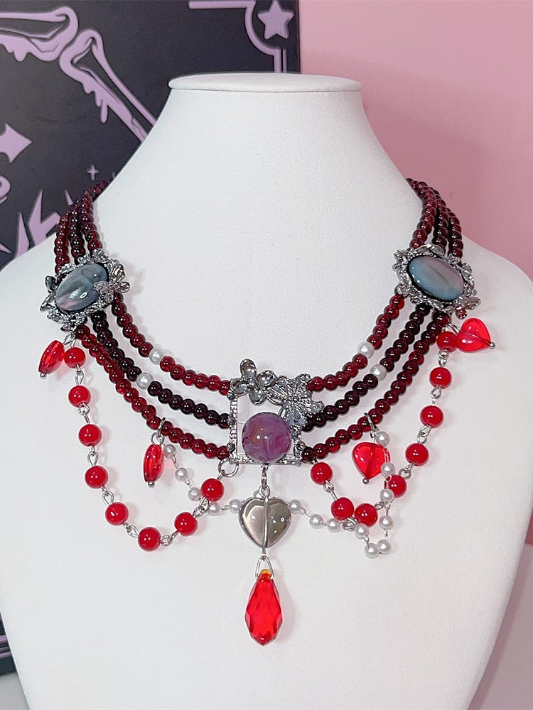 Red Black Y2K Punk Heart Rhinestone Pendant Beaded Necklace