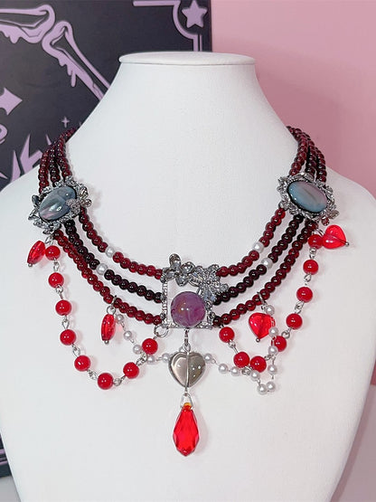 Red Black Y2K Punk Heart Rhinestone Pendant Beaded Necklace