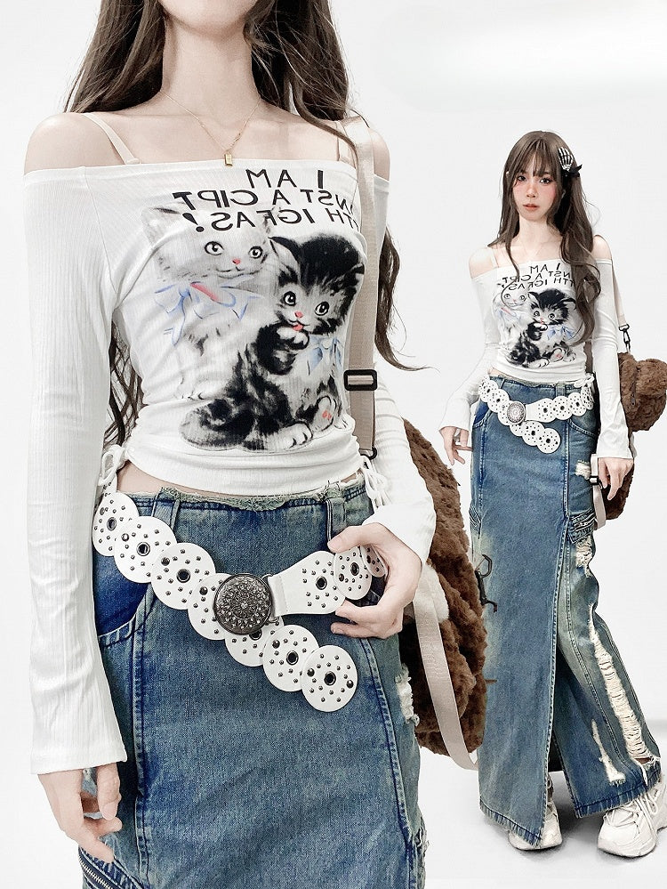 White Y2K Bittersweet Letter And Cat Print Off-the-shoulder Neckline Top