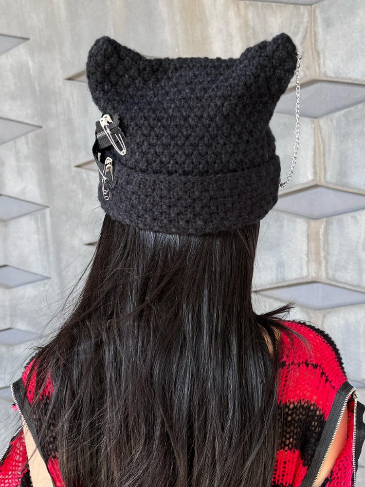Black Y2K Punk Cross Knit Hat with Chain