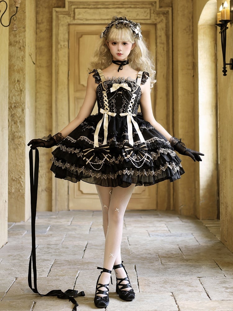 Black Bead Chain Bows Decorated Tiered Skirt Princess Lolita Dress