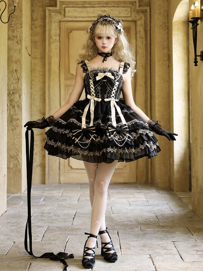 Black Bead Chain Bows Decorated Tiered Skirt Princess Lolita Dress