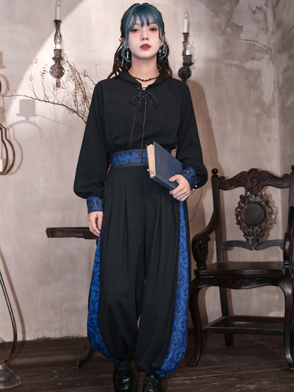 Black and Blue Hoodie with Lace-up Detail at Front