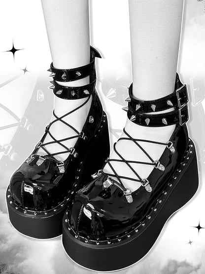 Front Lace-up Spike Stud Detailing Polished Black Punk Lolita Platforms