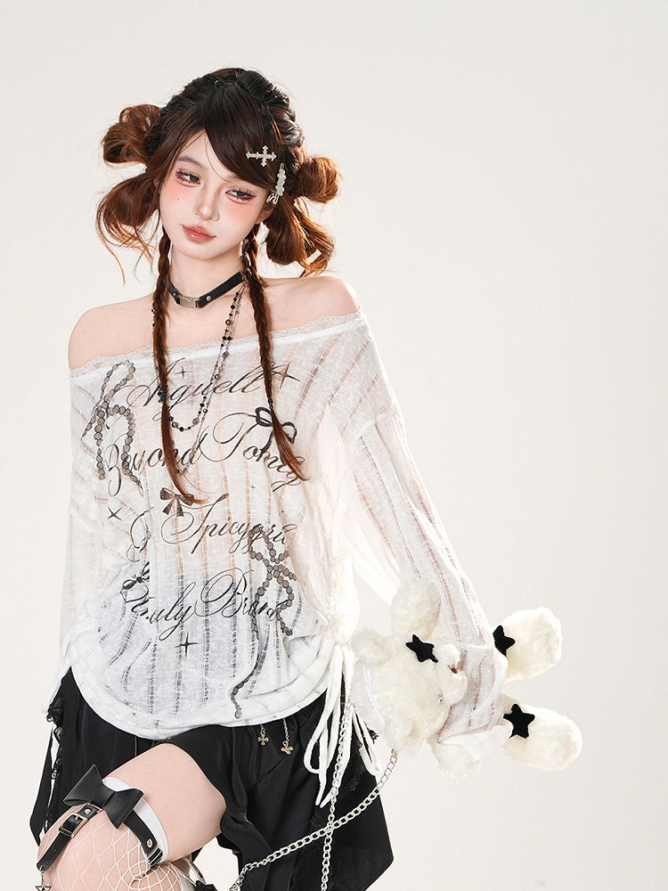 Off-the-shoulder Neckline Bowknot Print Black/White Semi-sheer Coverup