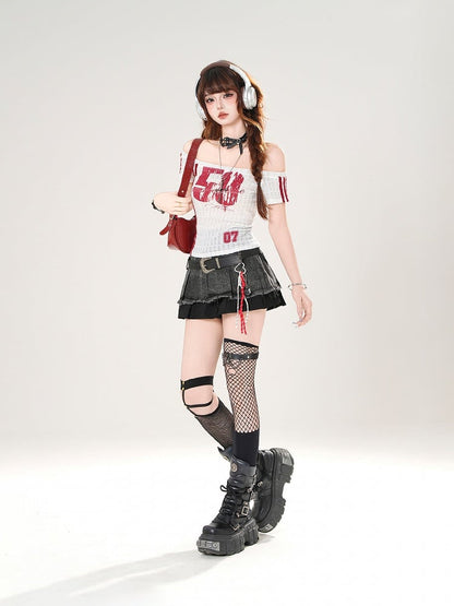 Black High Waist Frayed Hem Distressed Vintage Denim Skirt with Buckle Belt