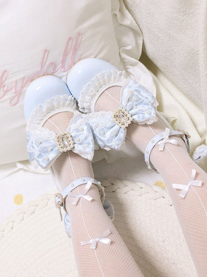 Polished Blue Detachable Rhinestone And Beaded Decorated Bowknot Lace Trim 4.5CM Block Heels Shoes