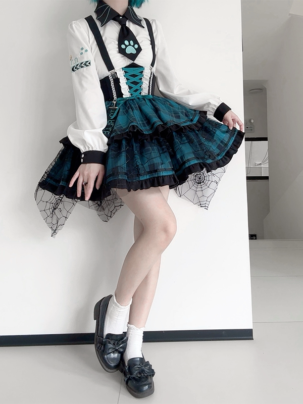 Lace-up Detail Black and Green Plaid Punk Lolita Corset Waist Overall Dress
