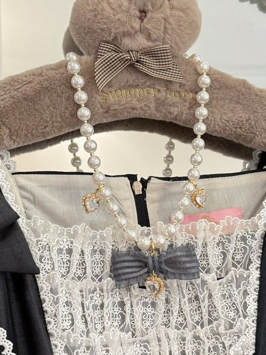 Blue/Gray Rhinestone Heart And Bowknot Pendant Beaded Necklace