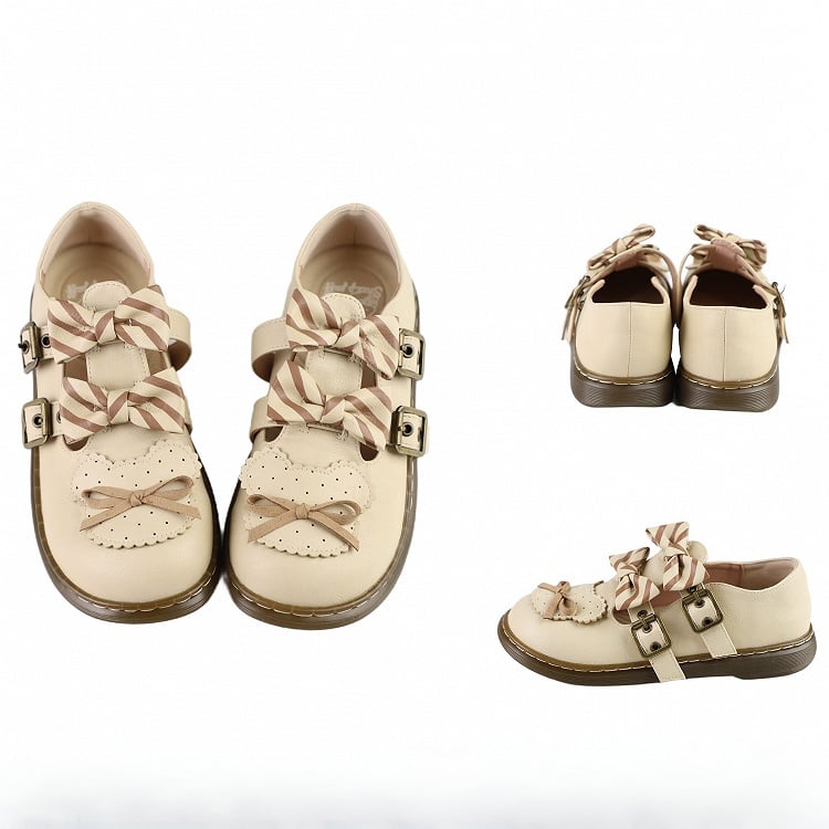 Beige Striped Pattern Bowknot Details Bear Design Lolita Flats