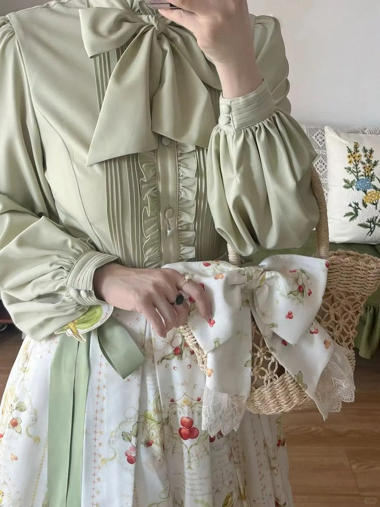 Green Long Sleeves Lolita Blouse with Lace-Up Back and Ruffled Details