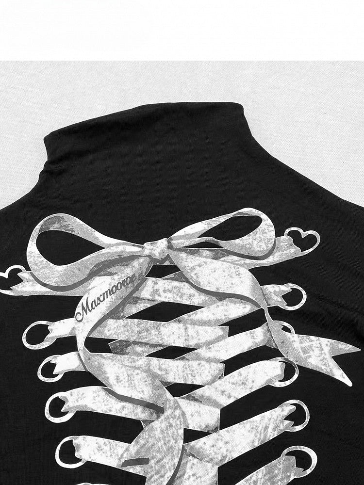 Black Y2K Bittersweet Print Design Lace Trim Mock Neck Top