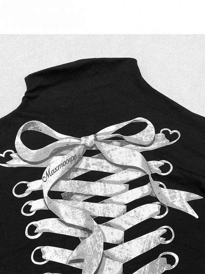 Black Y2K Bittersweet Print Design Lace Trim Mock Neck Top