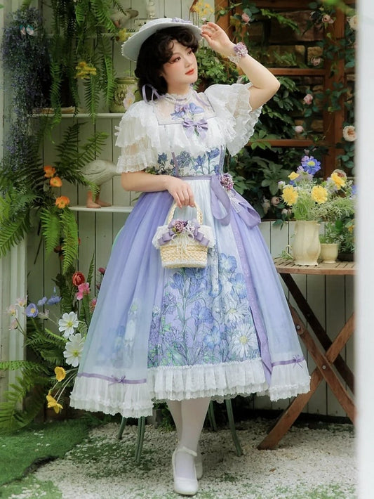 Plus Sizes Available Floral Applique Illusion Neckline Elegant Classic Lolita Floral Print Dress