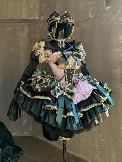 Green and Light Purple Layers Puffy Lolita Dress with Gold Lace Trim and Bow Accents