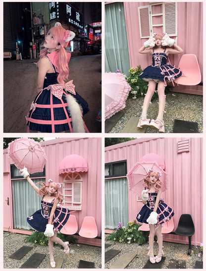 Y2K Pink Plaid Bowknots Birdcage Design Blue Denim Sweet Lolita Dress Jumper Skirt
