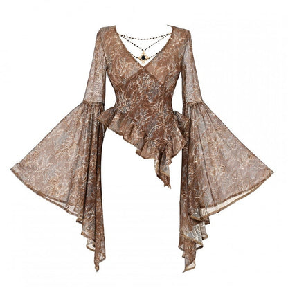 Gold V-neck Wide Flounce Sleeves Top with Removable Bead Chain on Neckline