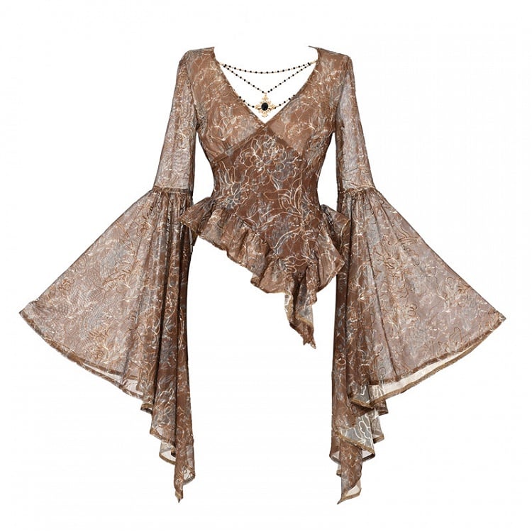 Gold V-neck Wide Flounce Sleeves Top with Removable Bead Chain on Neckline