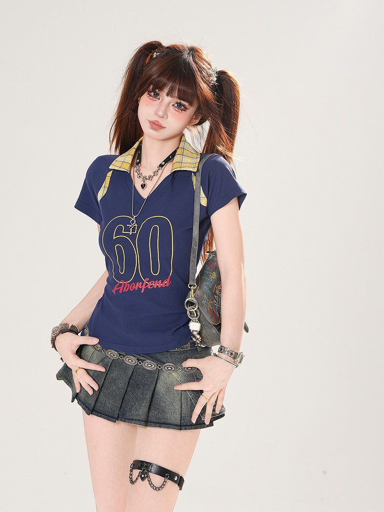 Plaid Polo Collar Number Print Black/Navy Blue Slim-fitting T-shirt