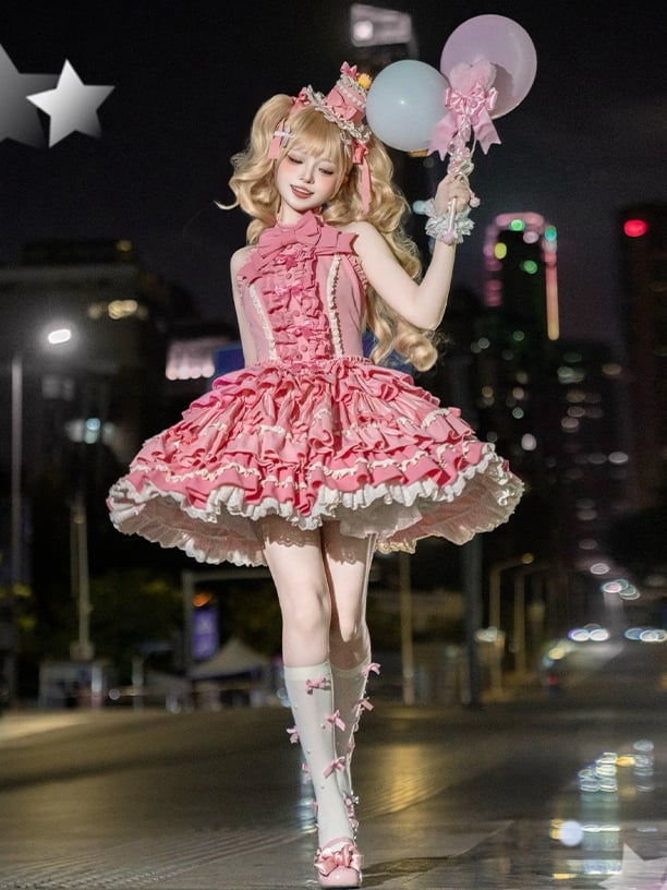 Rose Pink Sweet Bow Accents Tiered Ruffle Skirt Idol Lolita Halter Neck Dress