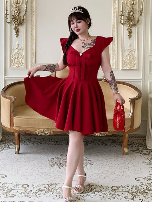 Plus Size V-neck Flutter Sleeves Big Bow Front Red Dress