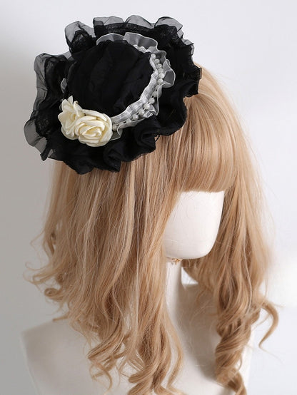 Black Beaded Decorated Camellia Design Lace Trim Mini Hat