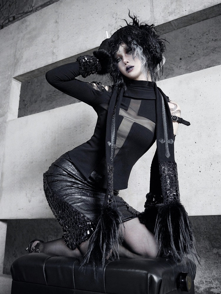 Black Fanx Fur and Snakeskin Grain Cross Shaped Panels Scarf