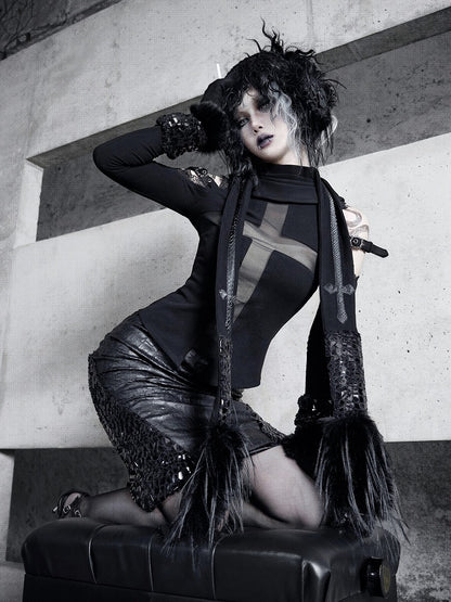 Black Fanx Fur and Snakeskin Grain Cross Shaped Panels Scarf