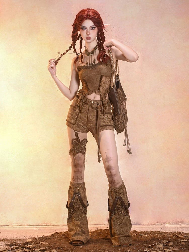 Sand Brown Wasteland Punk Denim Hot Shorts with Butterfly Garter and Tassel Belt