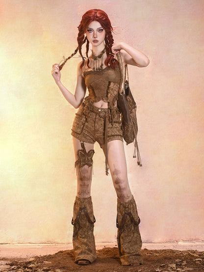 Sand Brown Wasteland Punk Denim Hot Shorts with Butterfly Garter and Tassel Belt